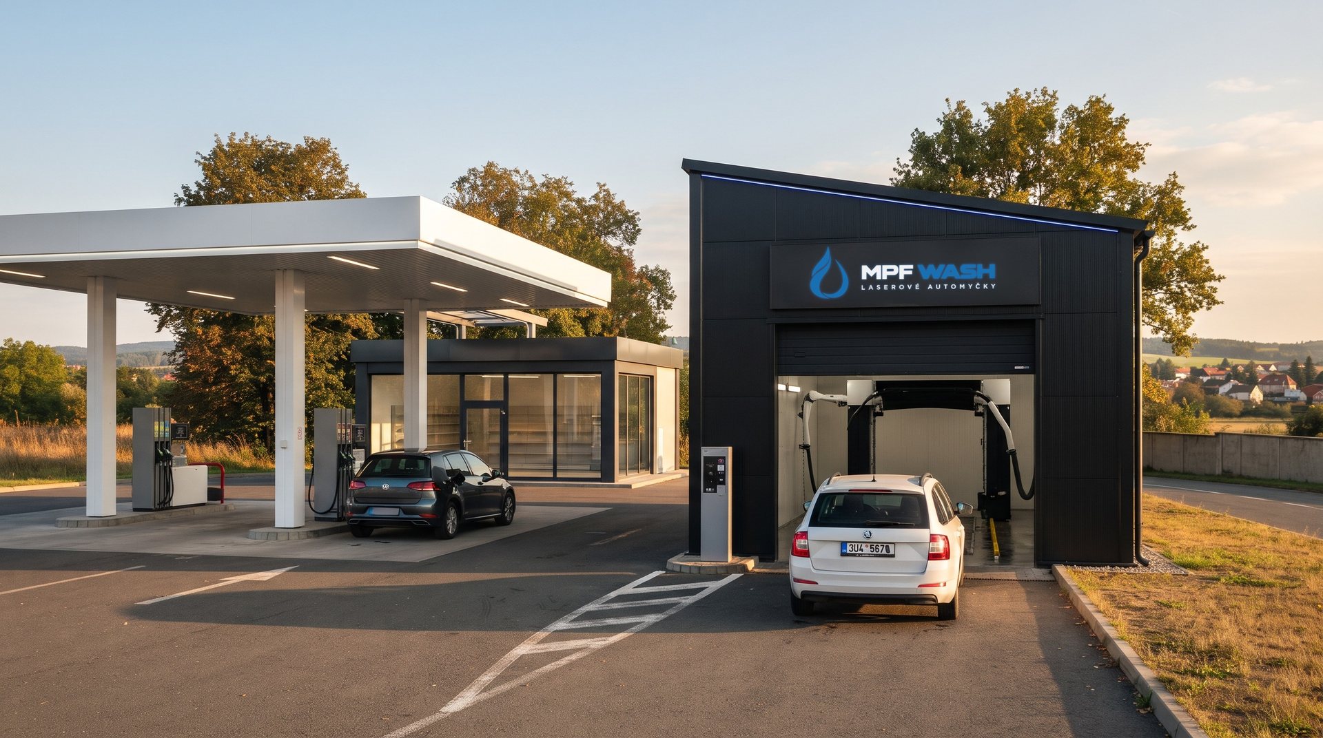 Hala myčky MPF zvenku vedle čerpací stanice, s logem MPF WASH nad vjezdem, před vraty stojí Škoda Octavia