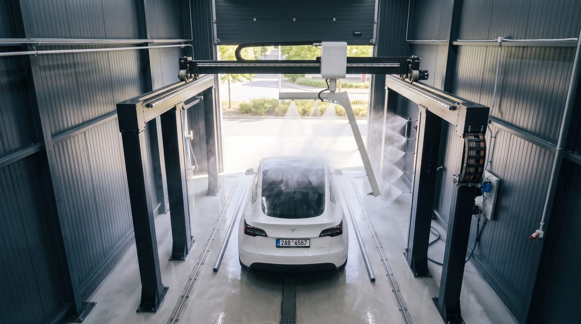 Pohled shora do haly myčky: čtyři sloupy, kolejnice, pojezdový most, rameno s tryskami a Tesla